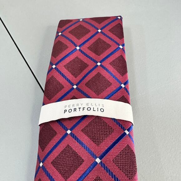 Perry‎ Ellis Portfolio Mens Necktie Hendry Grid Maroon Office Professional New - Picture 1 of 11